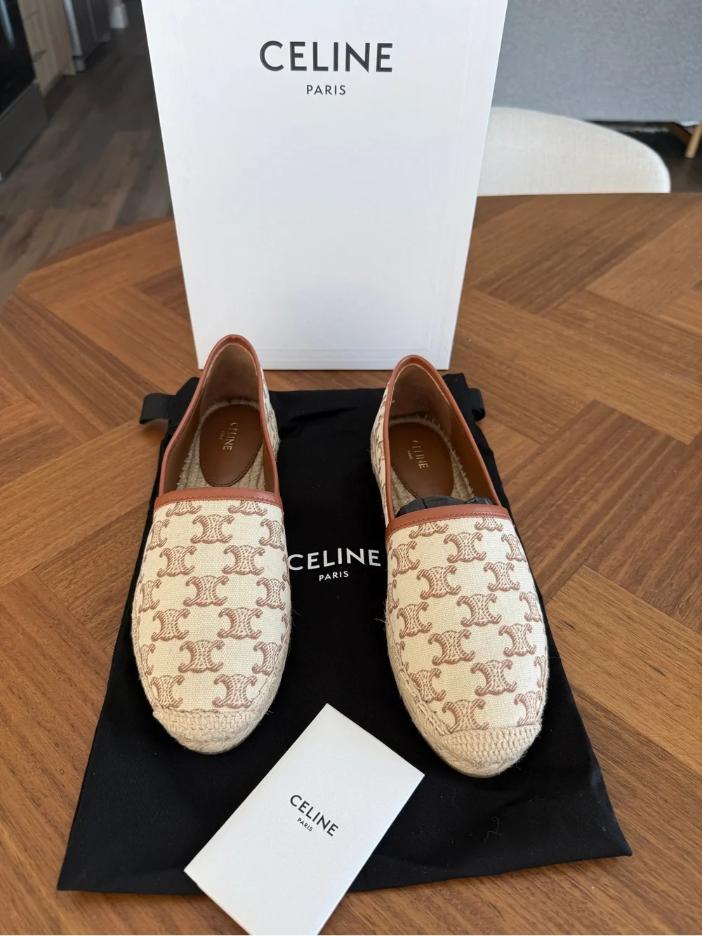 CELINE Cream & Brown Logo Espadrille Slip-Ons, 38